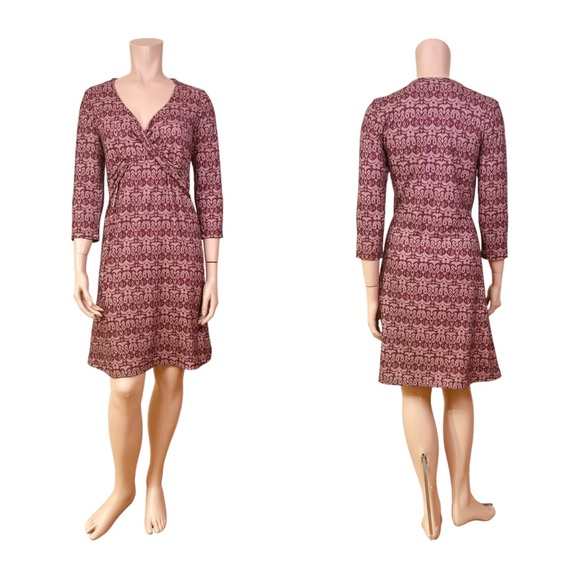 Prana Aztec All Over Print Activewear V-Neck Sleeved Dress - Burgundy / Cream - Picture 3 of 10